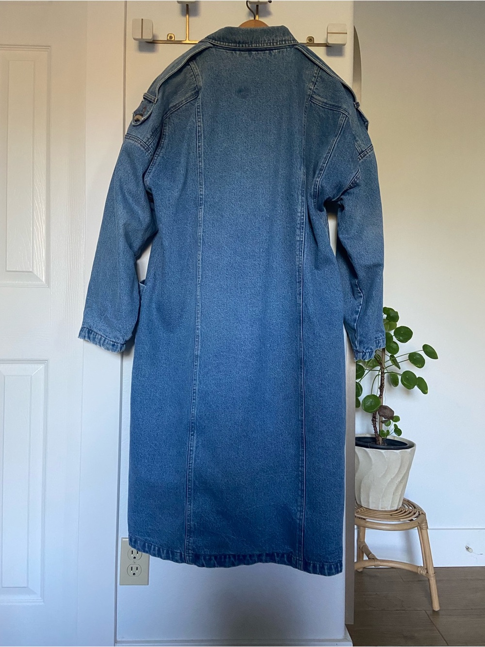Vintage Blue Long Denim Duster Trench Coat 100% Cotton, Cotton Lined L - Picture 2 of 14